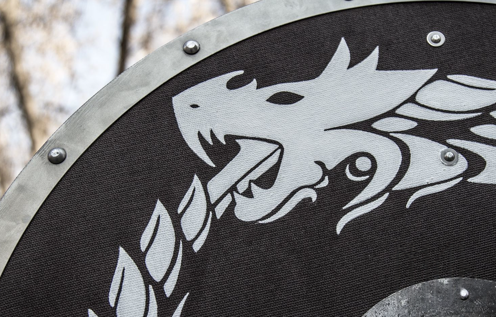Handcrafted wooden Viking shield with iron boss and Norse knotwork design
